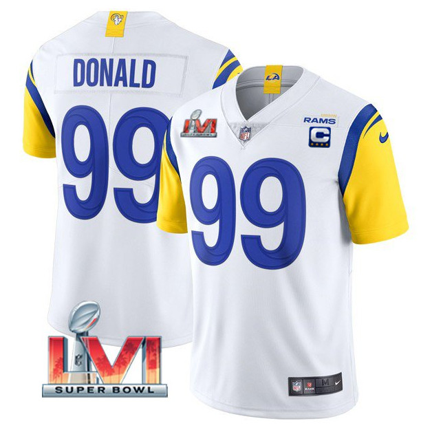 Women's Los Angeles Rams #99 Aaron Donald White 2022 With C Patch Super Bowl LVI Vapor Limited Stitched Jersey(Run Small)